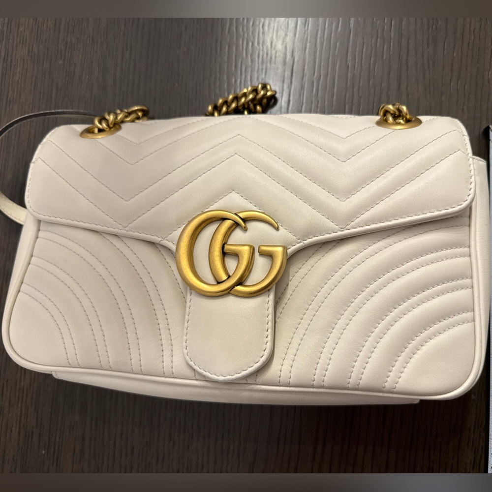 Gucci Calfskin Matelasse Small GG Marmont Shoulder Bag White